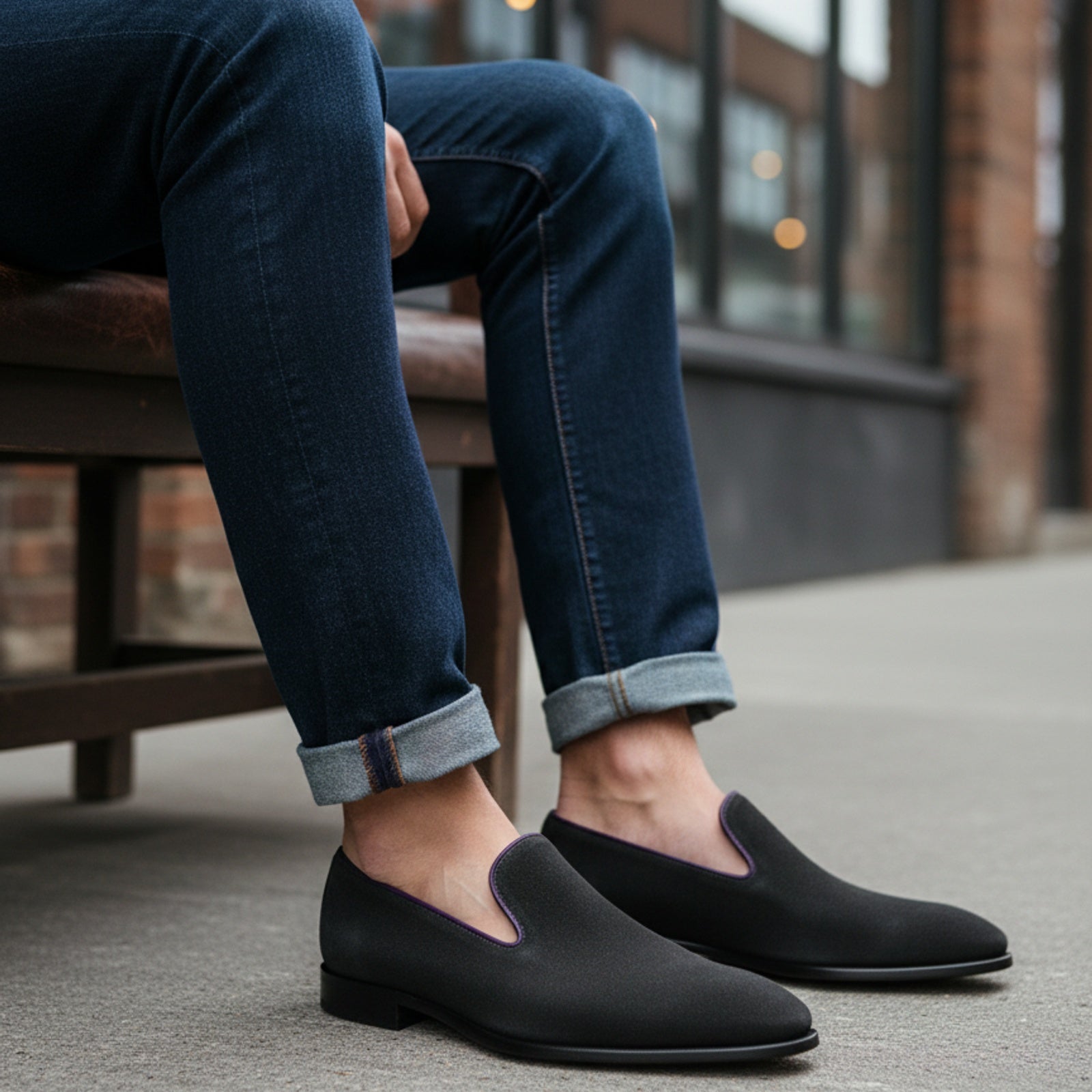 model-siting - Men's Gray Suede Moccasins
