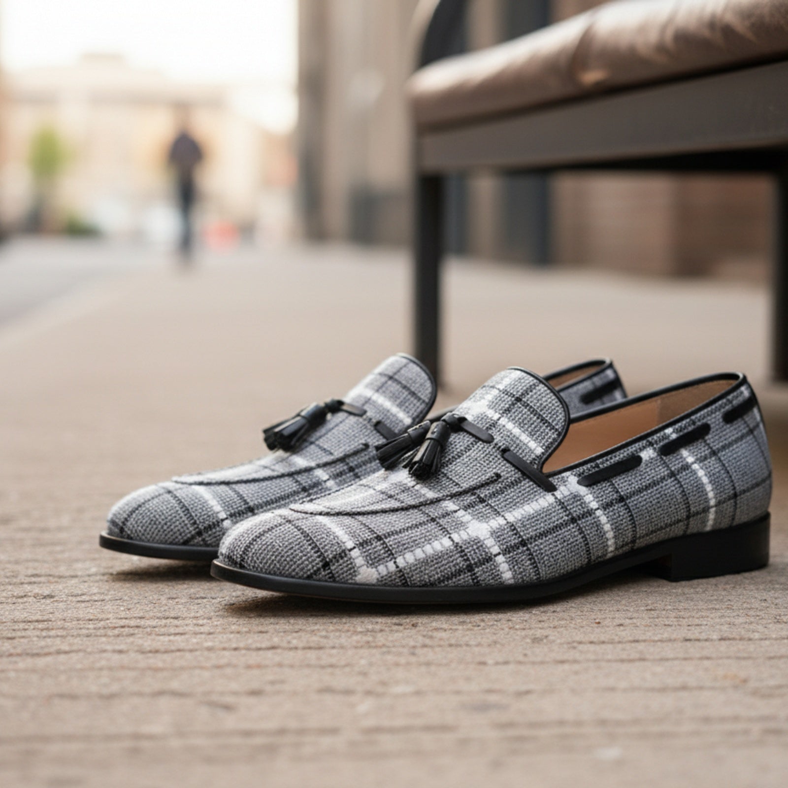 model-siting - Men's Gray Tweed Fabric Loafers with Tassel Detail