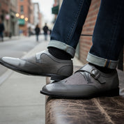 Men's Gray Wing Tip Monk Leather Shoes - model-siting
