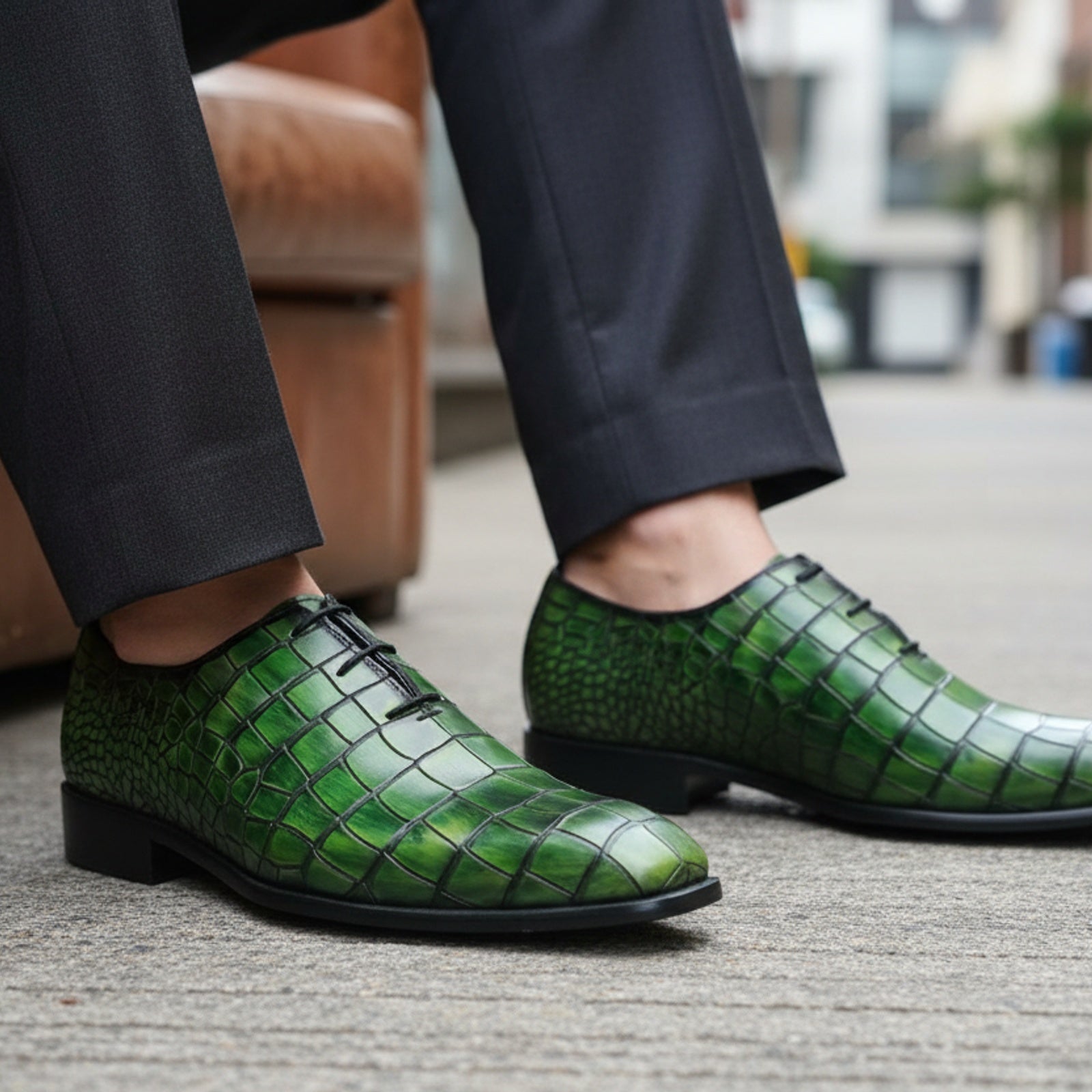 model-siting - Men's Green Leather Dress Shoes