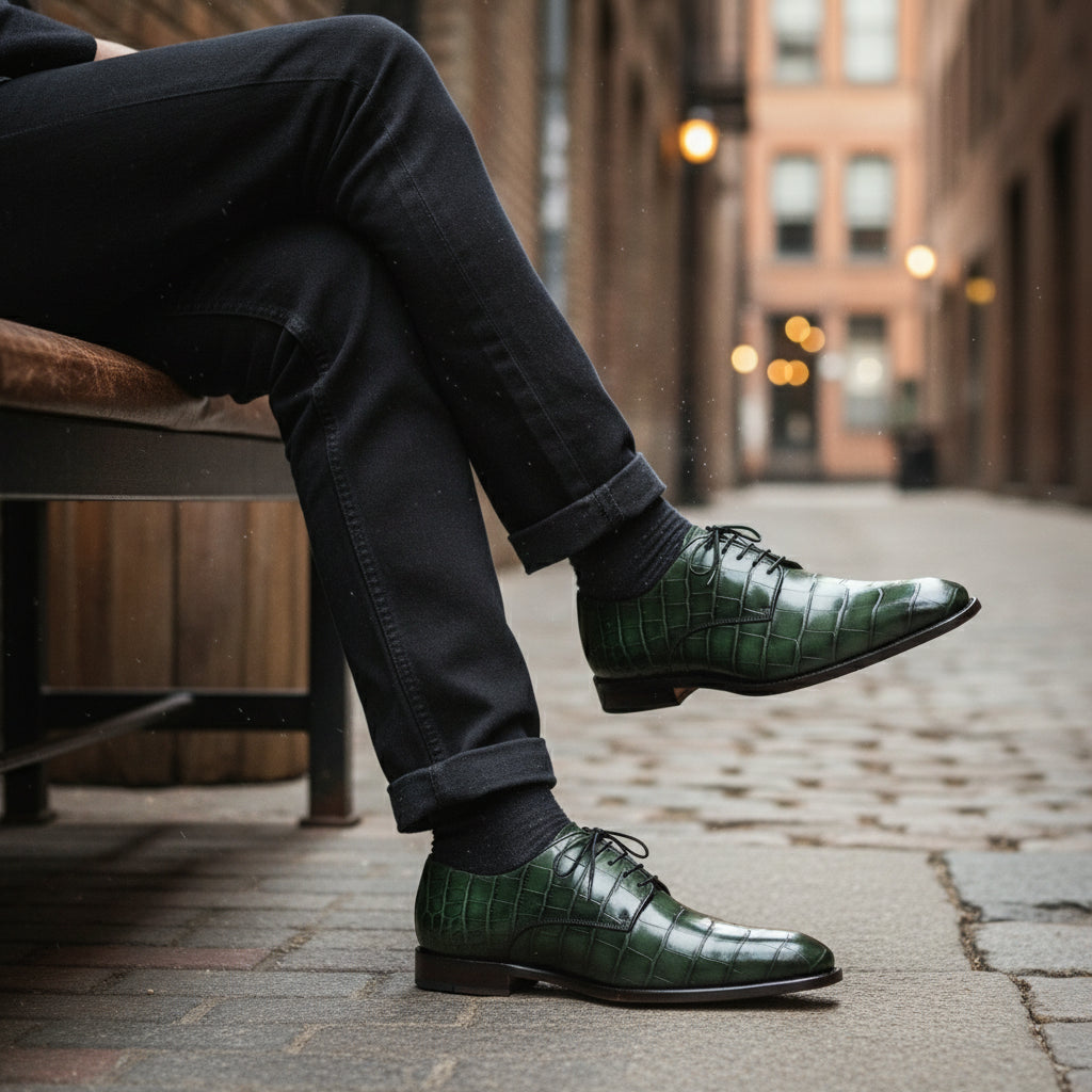 model-siting - Men's Green Leather Lace-Up Dress Shoes