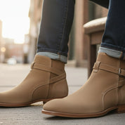 model-siting - Men's Handmade Beige Suede Jodhpur Ankle Boot with Leather Sole