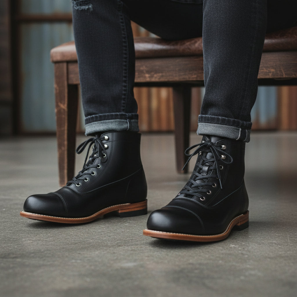 model-siting - Men's Handmade Black Leather Ankle Boot with Handcrafted Detailing