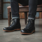 model-siting - Men's Handmade Black Leather Ankle Boot with Handcrafted Detailing