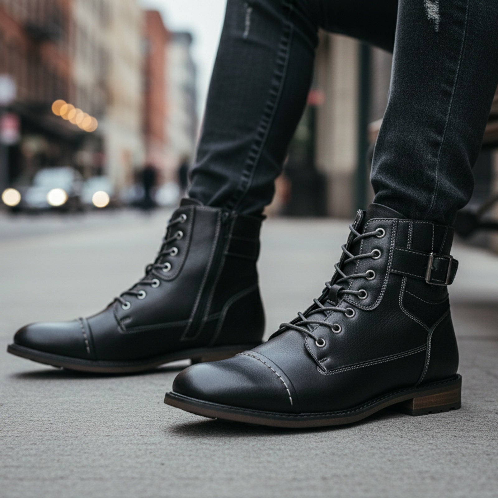 model-siting - Men's Handmade Black Leather Classic Boots with Customization Options