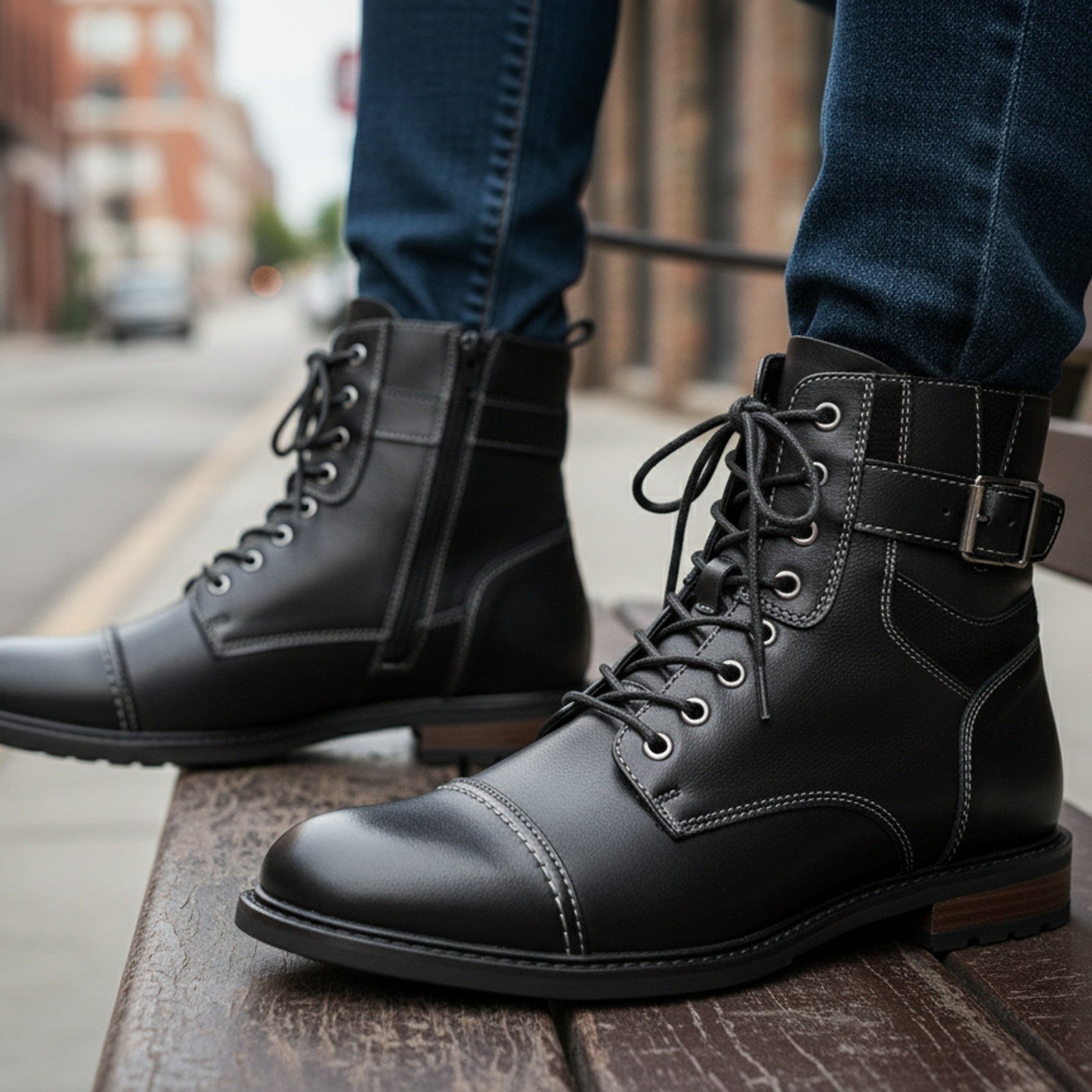 model-siting - Men's Handmade Black Leather Classic Boots with Customization Options