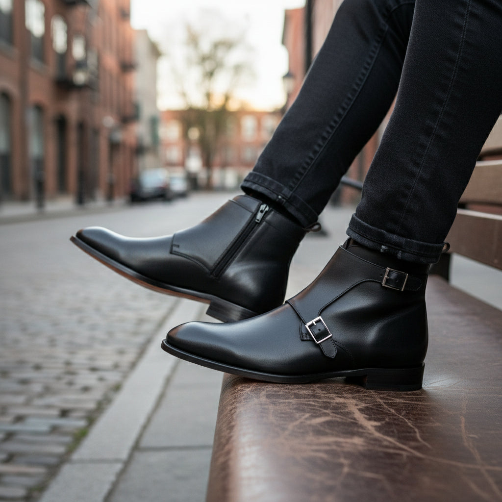 model-siting - Men's Handmade Black Leather Double Monk Boots with Artisan Features