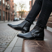 model-siting - Men's Handmade Black Leather Double Monk Boots with Artisan Features