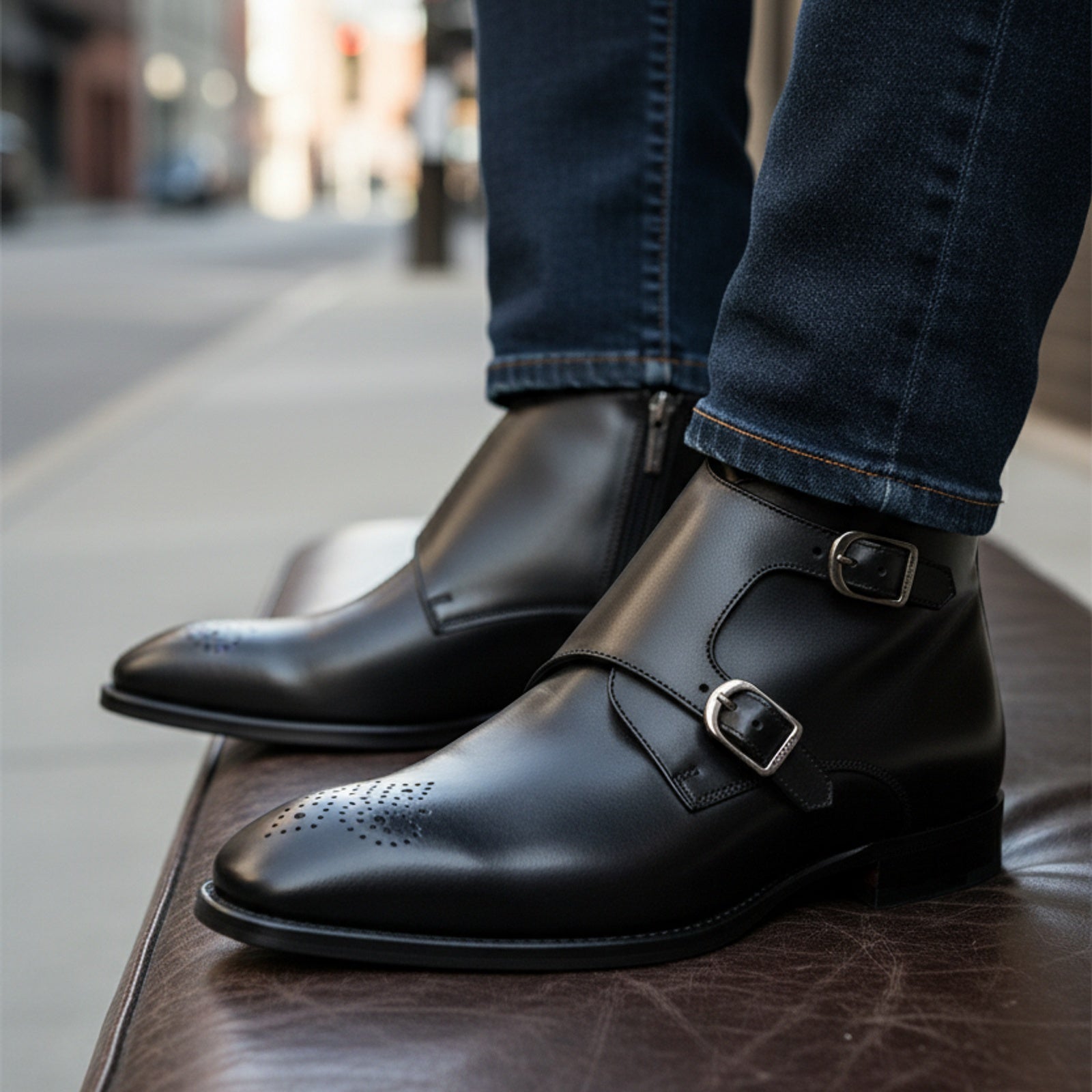 model-siting - Men's Handmade Black Leather Double Monk Boots with Premium Craftsmanship