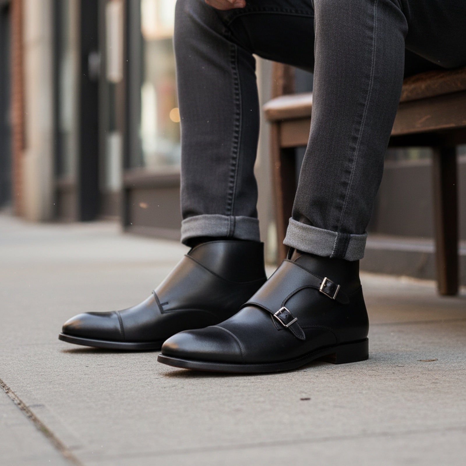 model-siting - Men's Handmade Black Leather Double Monk Strap Boots