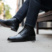 model-siting - Men's Handmade Black Leather Dress Boots with Custom Features