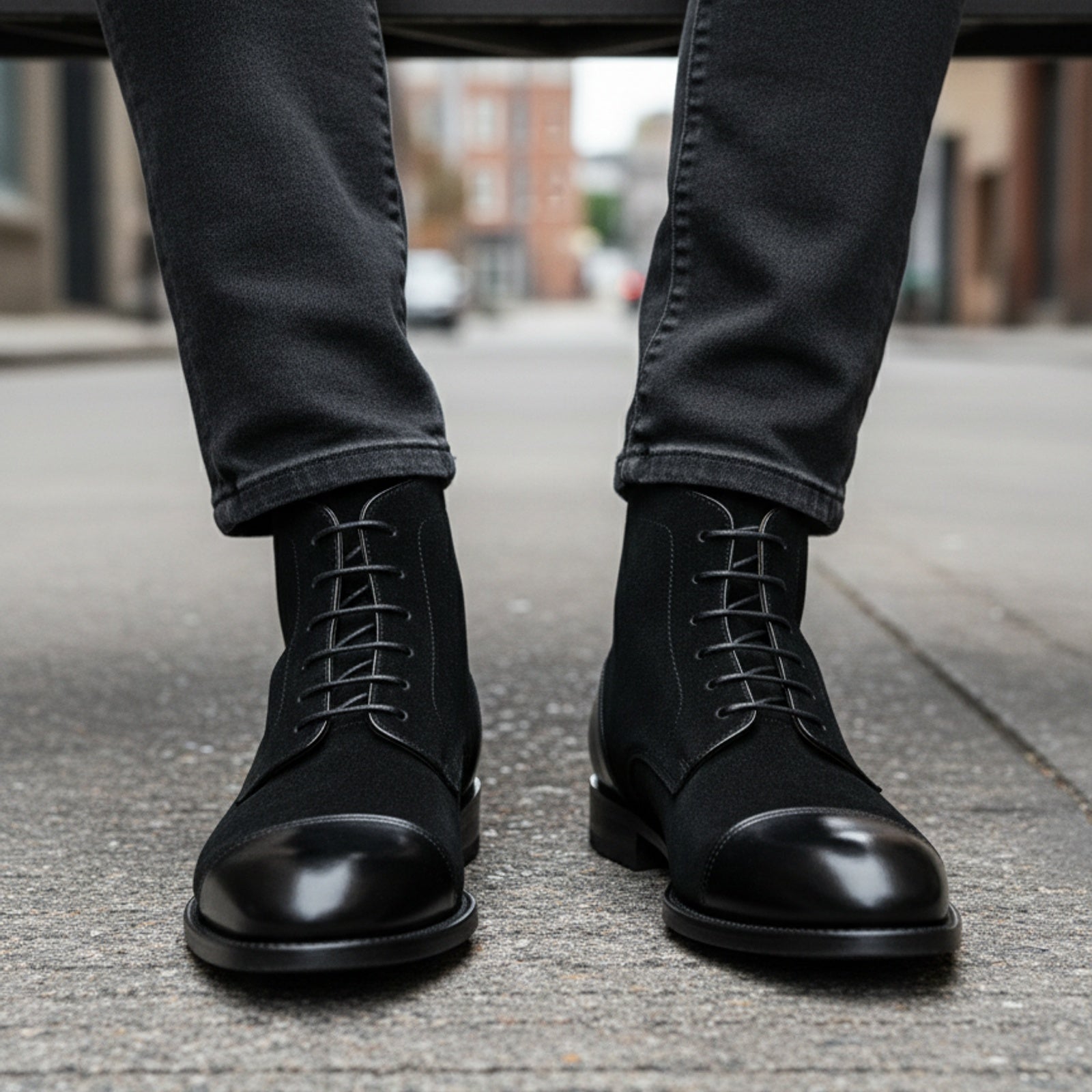 model-siting - Men's Handmade Black Leather Oxford Ankle Boots with Dress Design