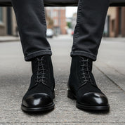 model-siting - Men's Handmade Black Leather Oxford Ankle Boots with Dress Design
