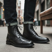 model-siting - Men's Handmade Black Leather Wingtip Brogue Ankle Boots