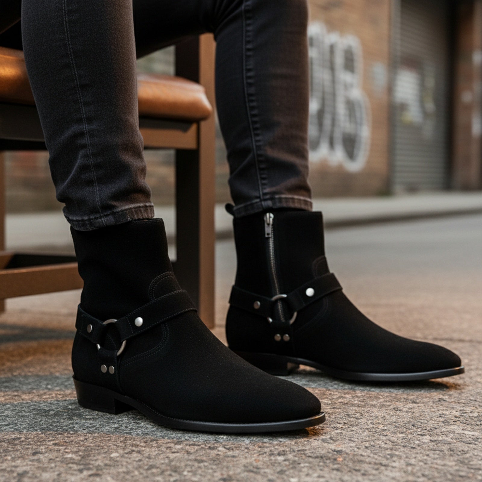 model-siting - Men's Handmade Black Suede Biker Ankle Boots with Side Zipper