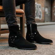 model-siting - Men's Handmade Black Suede Biker Ankle Boots with Side Zipper