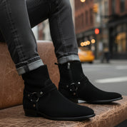 model-siting - Men's Handmade Black Suede Biker Ankle Boots with Side Zipper