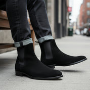 model-siting - Men's Handmade Black Suede Chelsea Boots – Customizable Options