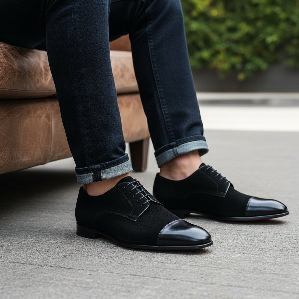 model-siting - Men's Handmade Black Suede & Leather Formal Shoes
