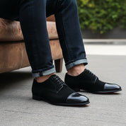 model-siting - Men's Handmade Black Suede & Leather Formal Shoes
