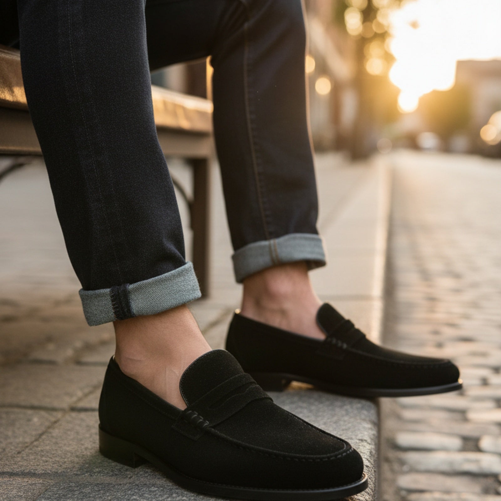 model-siting - Men's Handmade Black Suede Moccasins with Slip-On Design