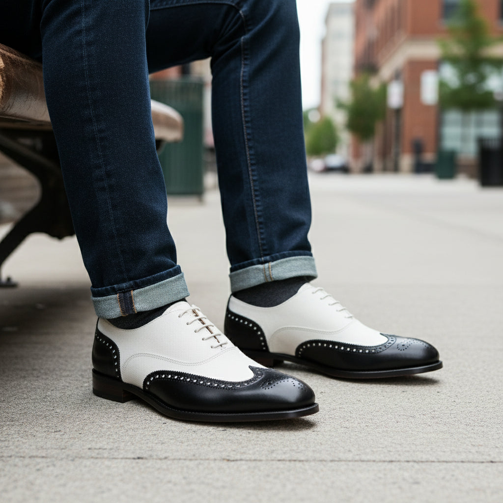 model-siting - Men's Handmade Black & White Leather Wingtip Dress Shoes