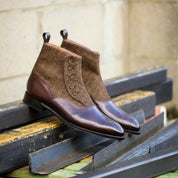 model-siting - Men's Handmade Brown Leather Button Boots with Premium Fit