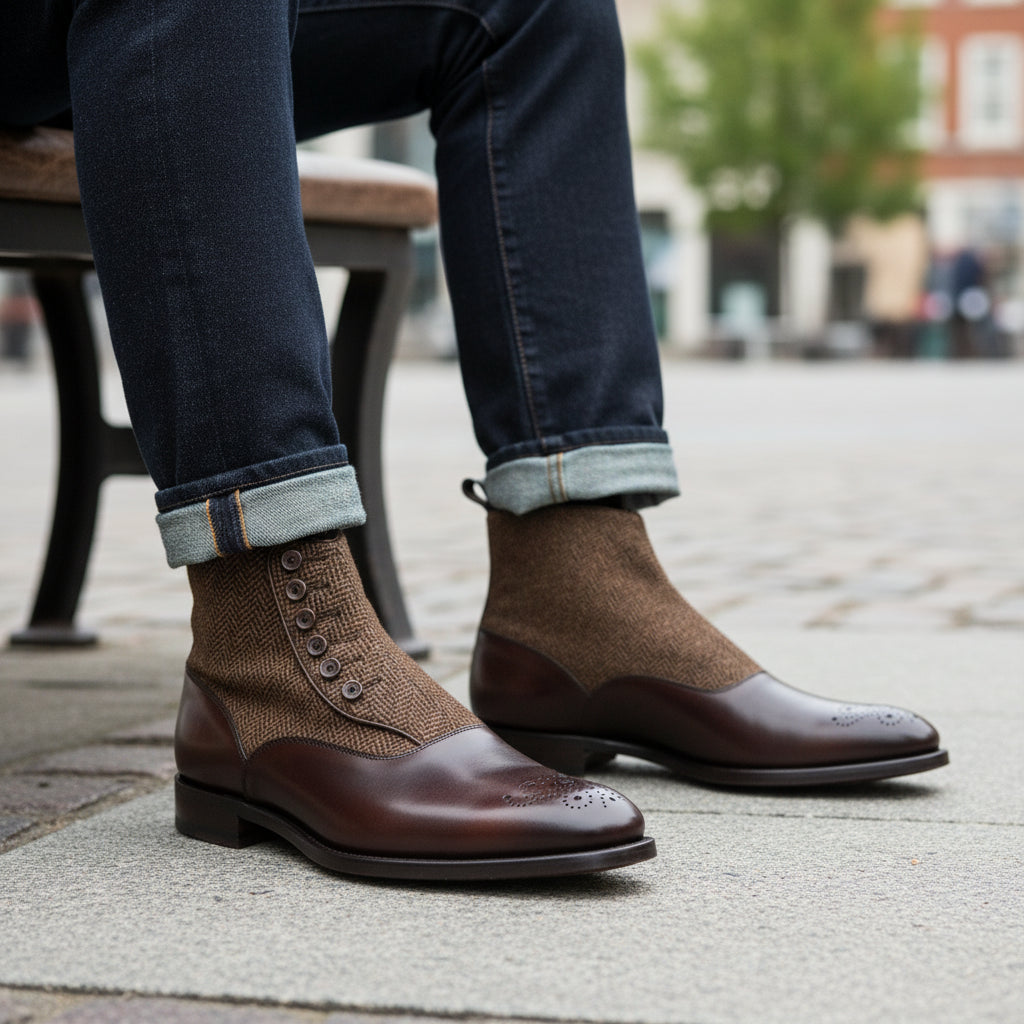 model-siting - Men's Handmade Brown Leather Button Boots with Premium Fit
