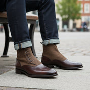 model-siting - Men's Handmade Brown Leather Button Boots with Premium Fit
