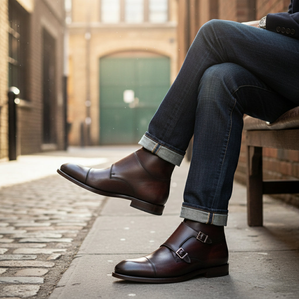 model-siting - Men's Handmade Brown Leather Double Monk Strap Boots
