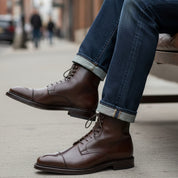 model-siting - Men's Handmade Brown Leather Lace-Up Ankle Boots with Premium Craftsmanship