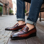 model-siting - Men's Handmade Burgundy Alligator Pattern Leather Moccasins