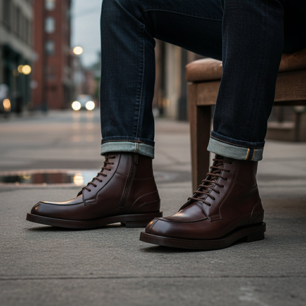 model-siting - Men's Handmade Dark Brown Leather Lace-Up Ankle Boot with Welted Sole