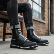 model-siting - Men's Hexagon-Patterned Leather Motorcycle Boots