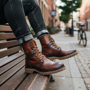 model-siting - Men's High Ankle Lace-Up Leather Boots