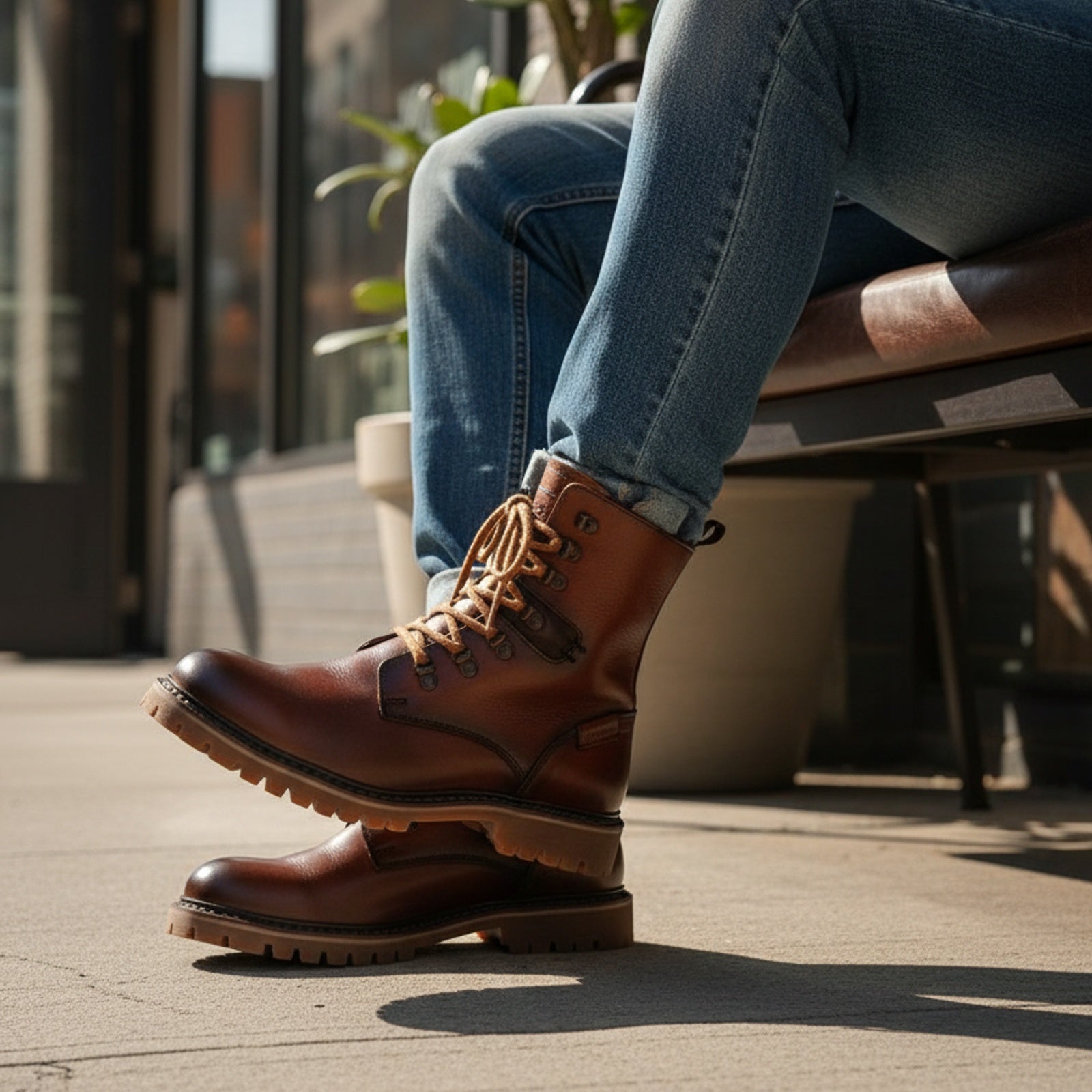 model-siting - Men's High Ankle Lace-Up Leather Boots