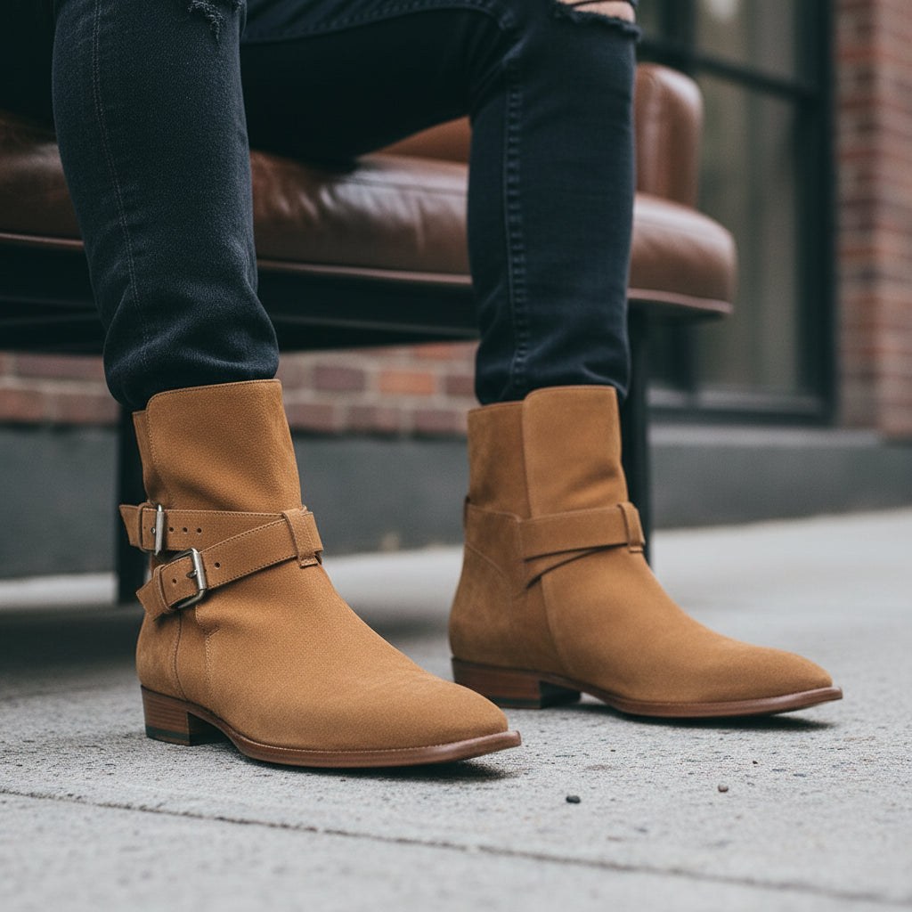 model-siting - Men's High Ankle Suede Biker Boots