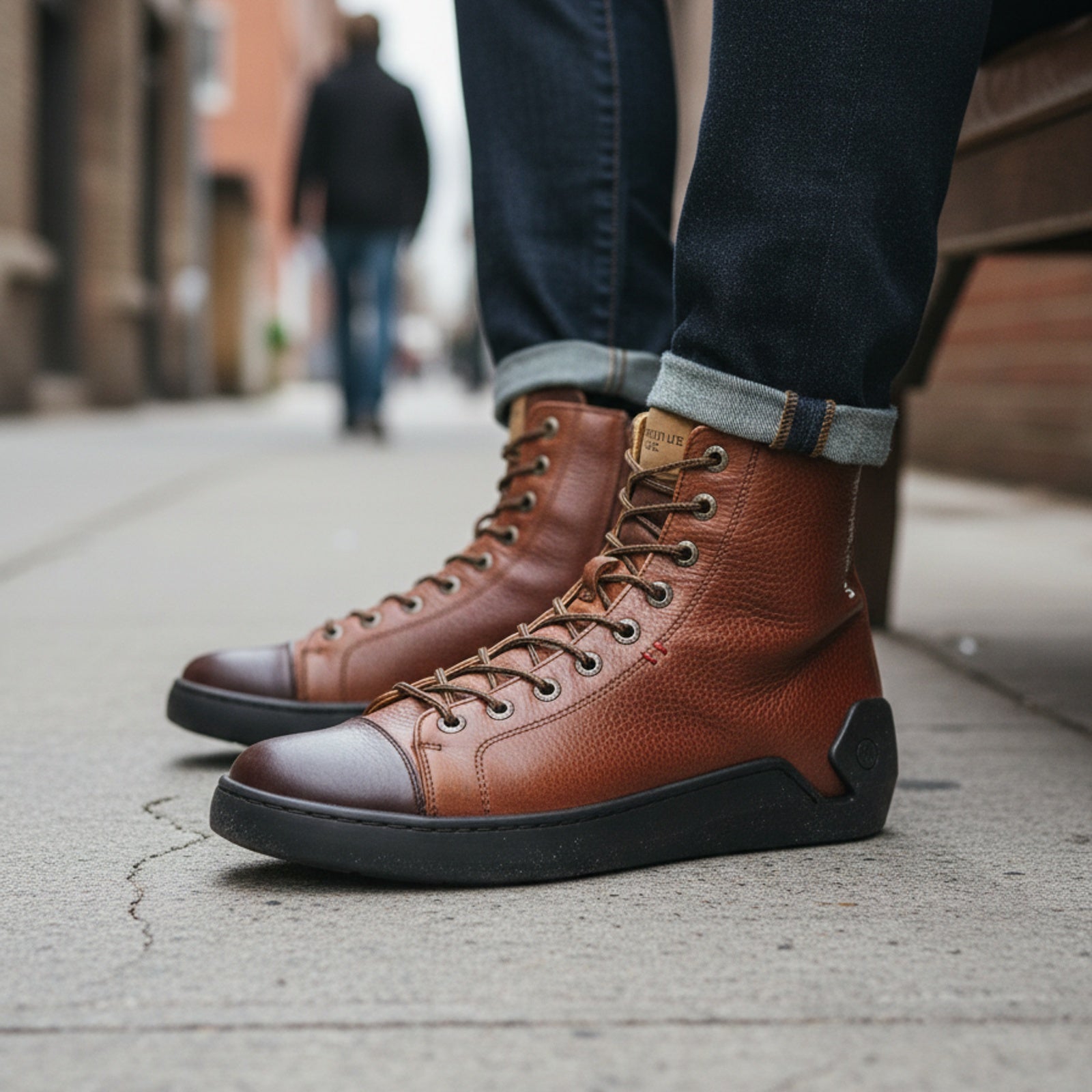 model-siting - Men's High-Top Genuine Leather Sneakers