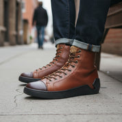 model-siting - Men's High-Top Genuine Leather Sneakers
