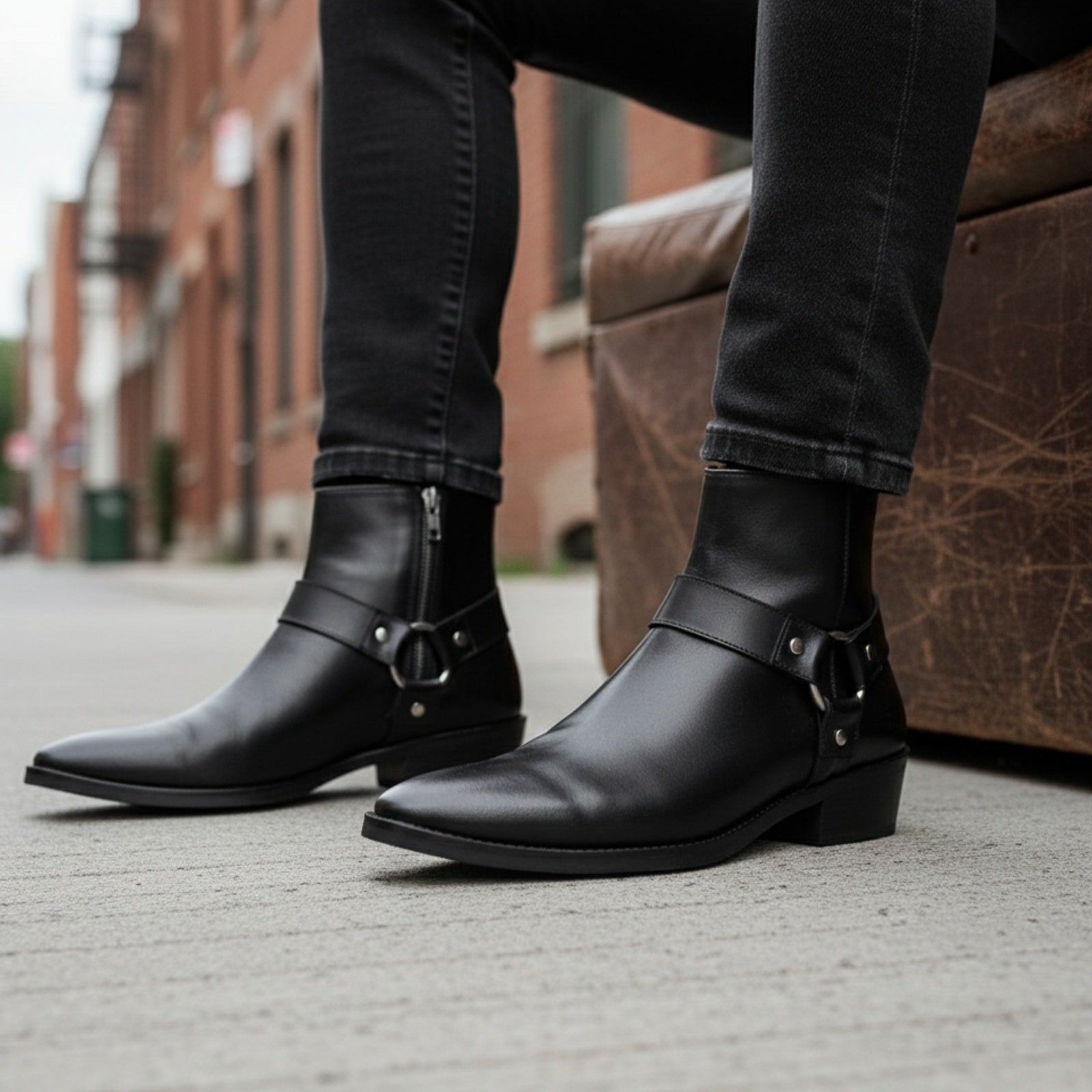 Men's Leather Ankle Boots with Fashion Zipper - model-siting
