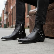 Men's Leather Ankle Boots with Fashion Zipper - model-siting