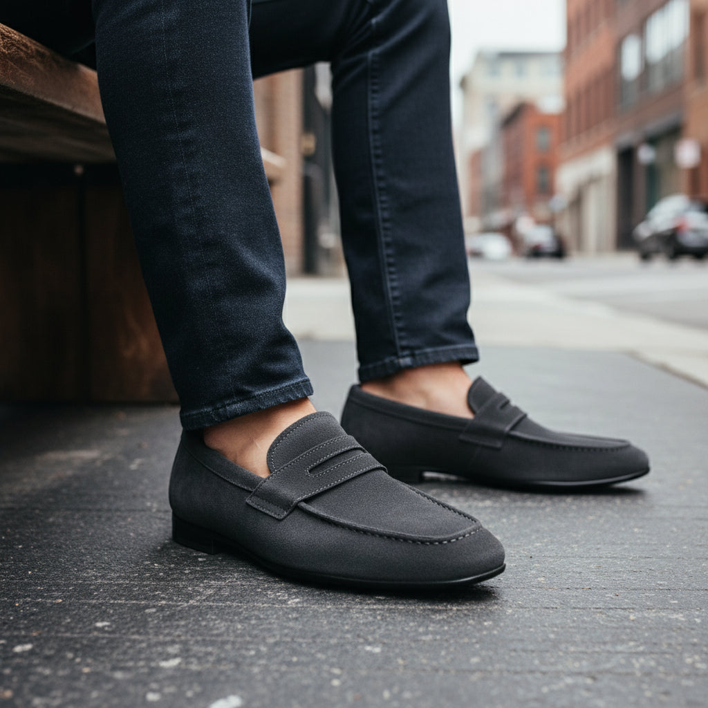 model-siting - Men's Leather & Suede Moccasin Loafers
