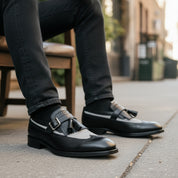 model-siting - Men's Leather & Suede Spectator Wingtip Dress Shoes