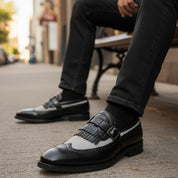 Men's Leather & Suede Spectator Wingtip Dress Shoes - model-siting