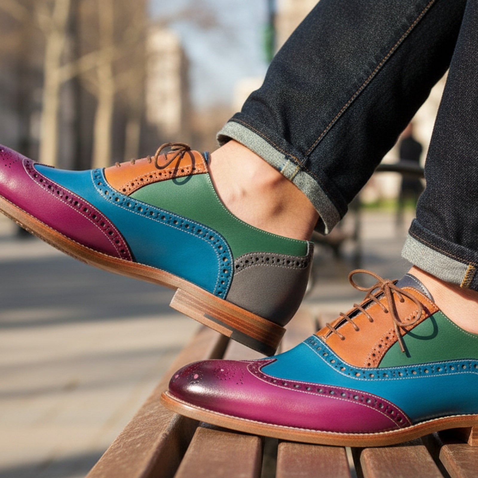 Men's Leather Wingtip Brogue Shoes - model-siting
