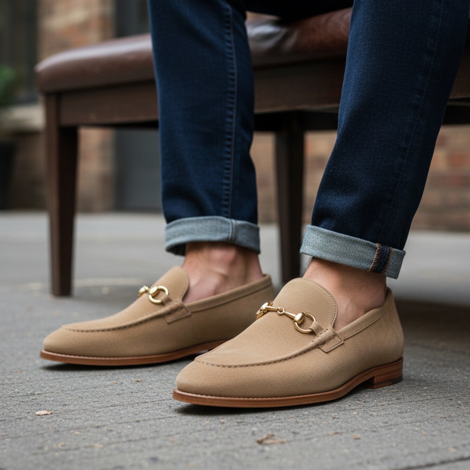 model-siting - Men's Light Gray Suede Moccasin Shoes