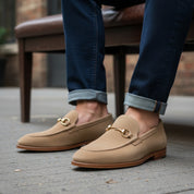 model-siting - Men's Light Gray Suede Moccasin Shoes