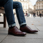 model-siting - Men's Maroon Leather Dress Shoes