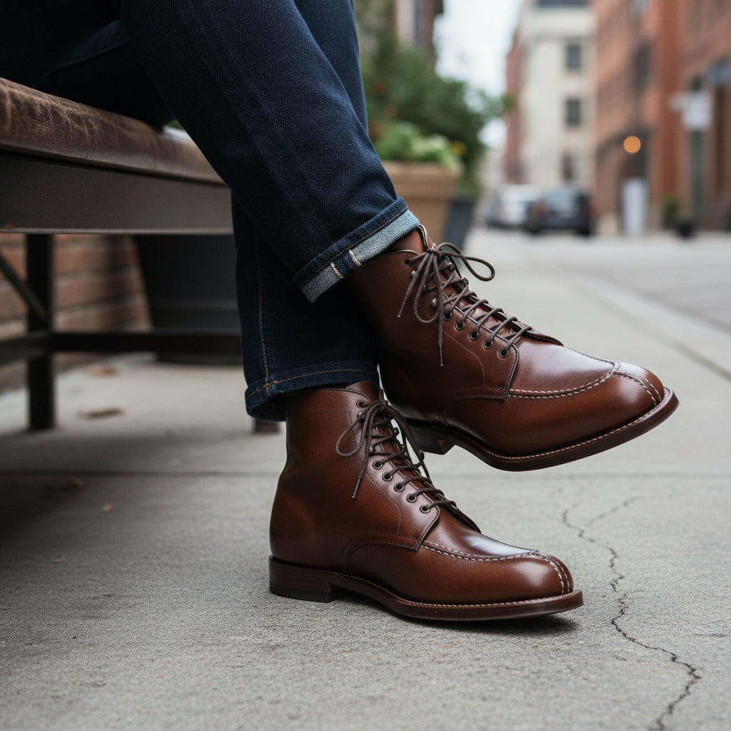 model-siting - Men's Maroon Leather Lace-Up Ankle Dress Boots