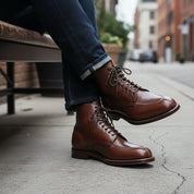 model-siting - Men's Maroon Leather Lace-Up Ankle Dress Boots